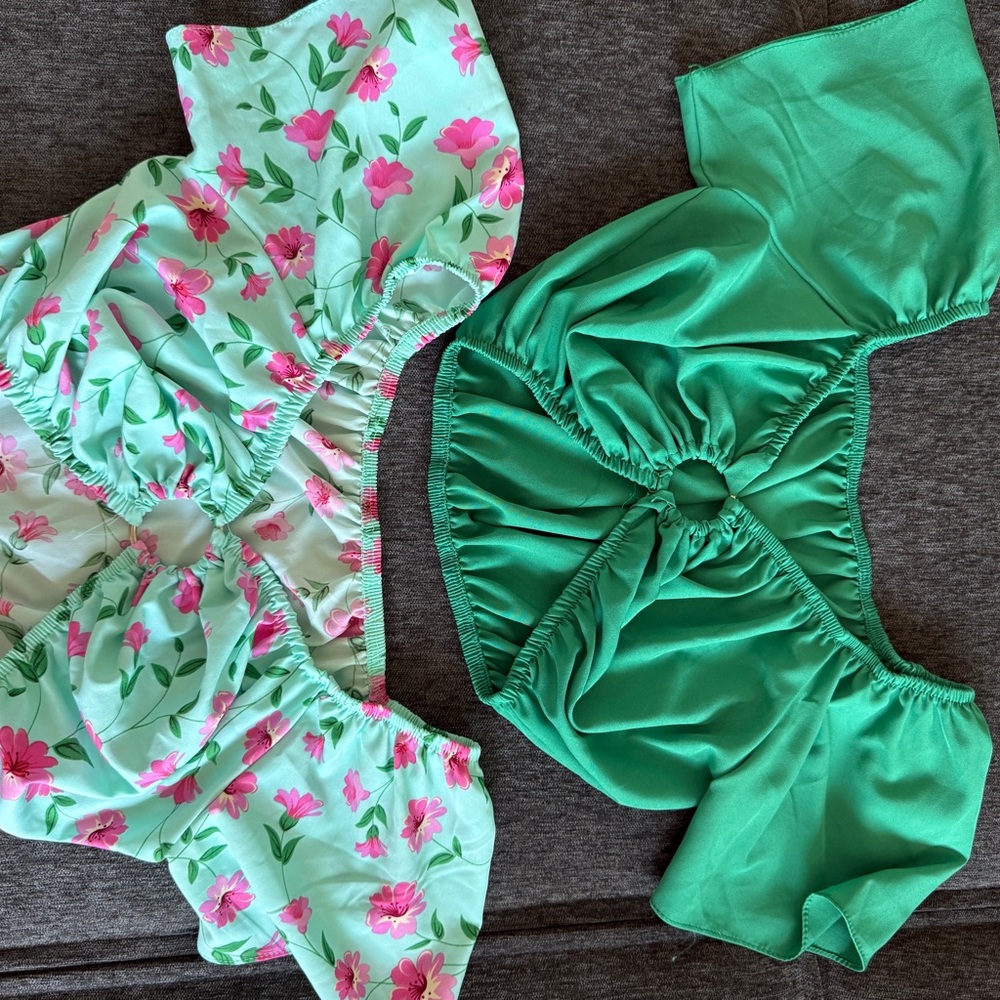 Floral and Solid Green Crop Tops